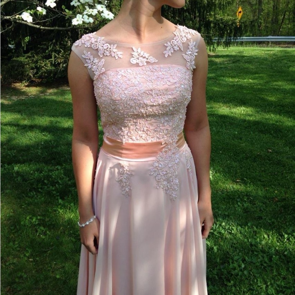 Light Pink Embroidered and Beaded Prom Dress - Picture 6 of 9